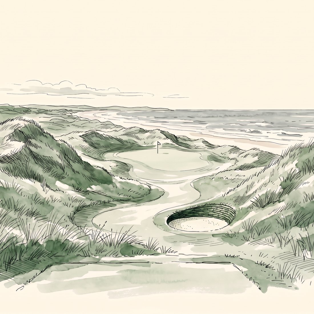 Pen-and-wash illustration of a links golf hole